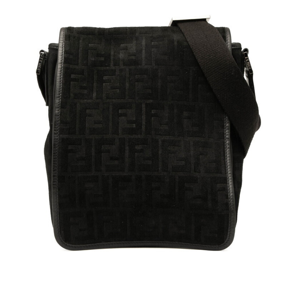 Fendi Zucca Messenger Bag Crossbody Shoulder Black Leather Suede
